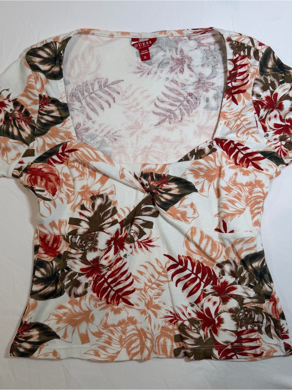 GUESS Cream Floral Tropical Short Sleeve Top with Rust & Olive Accents